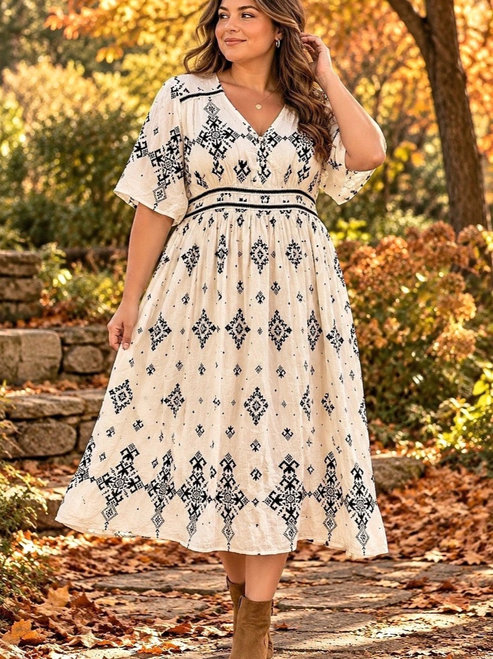 Blumind XL Black White Smock Waist Boho Peasant Midi Dress Cottagecore Vacation